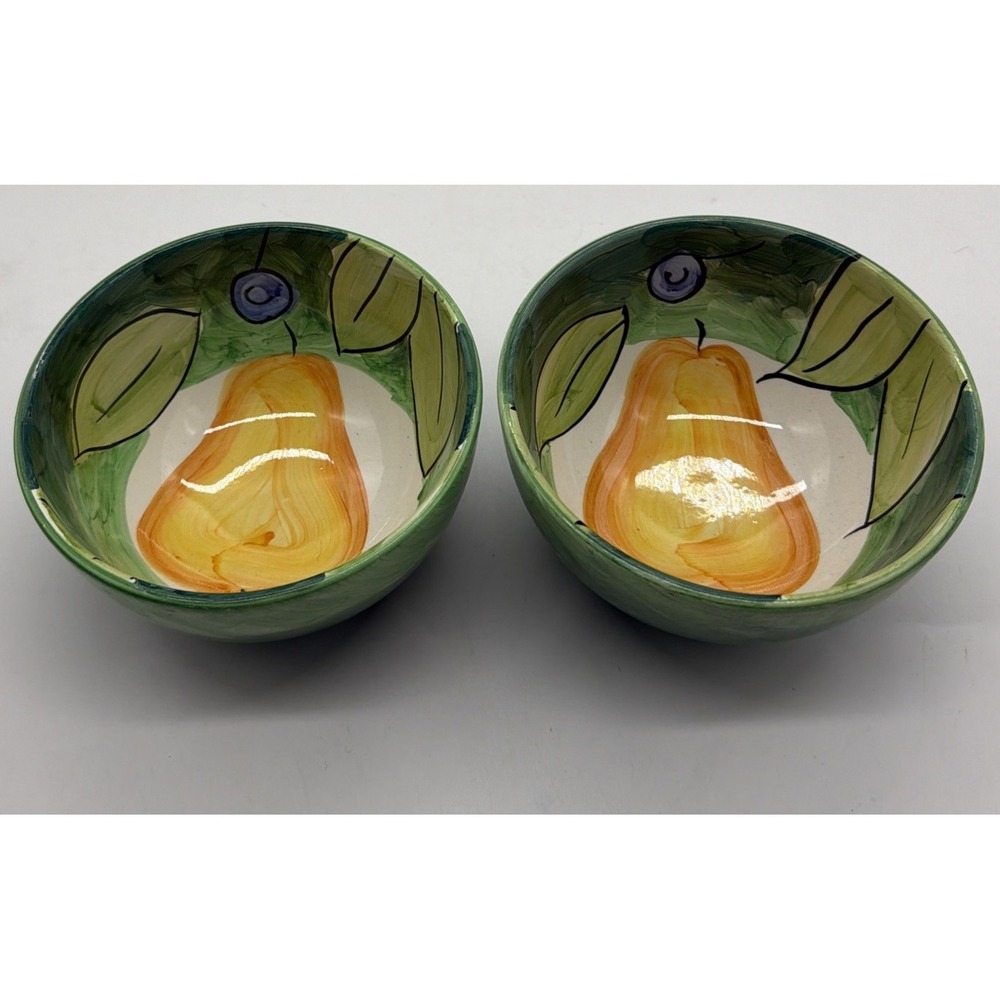 Bob Mackie Cereal Dessert Bowl Pears Grapes Fruit Bright Yellow Green Set Of 2